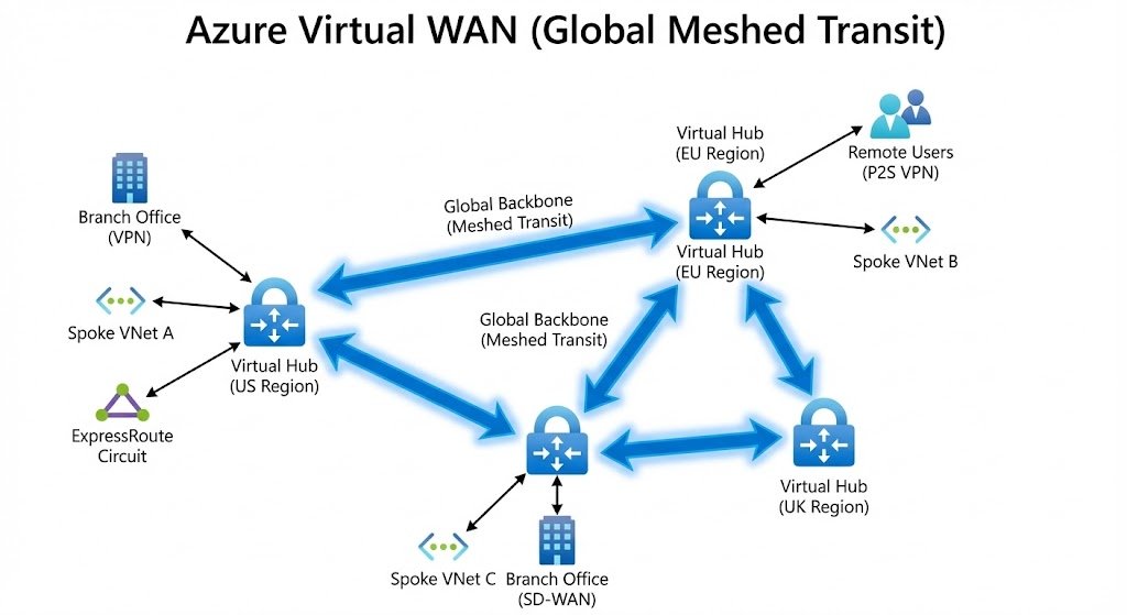 Global map visualization of Azure Virtual WAN showing three regional Virtual Hubs connected by a high-speed global transit backbone with branch offices connecting locally.