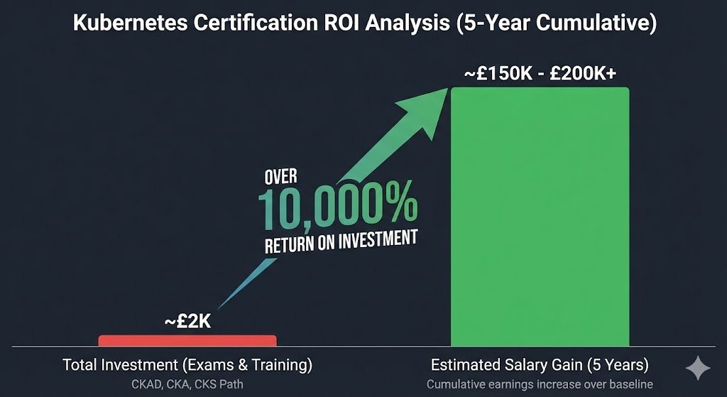 Bar chart analyzing the 5-year cumulative ROI of Kubernetes certifications, comparing a ~£2K total investment against an estimated £150K-£200K+ salary gain, indicating over 10,000% return.