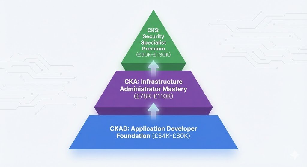 Infographic pyramid illustrating the Kubernetes certification hierarchy, showing CKAD at the base (£54K-£80K), CKA in the middle (£78K-£110K), and CKS at the peak (£90K-£130K).