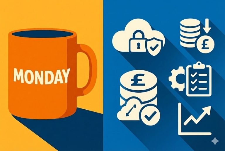 Split-screen illustration featuring an orange coffee mug labeled 'Monday' on the left, and flat-design cloud finance icons—including a cloud lock, pound sterling database, and checklist—on a blue background on the right.