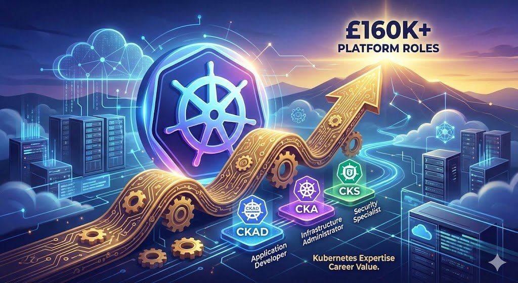 Stylized illustration showing the golden career path from CKAD, CKA, and CKS Kubernetes certifications leading to £160K+ platform engineering roles in the UK.