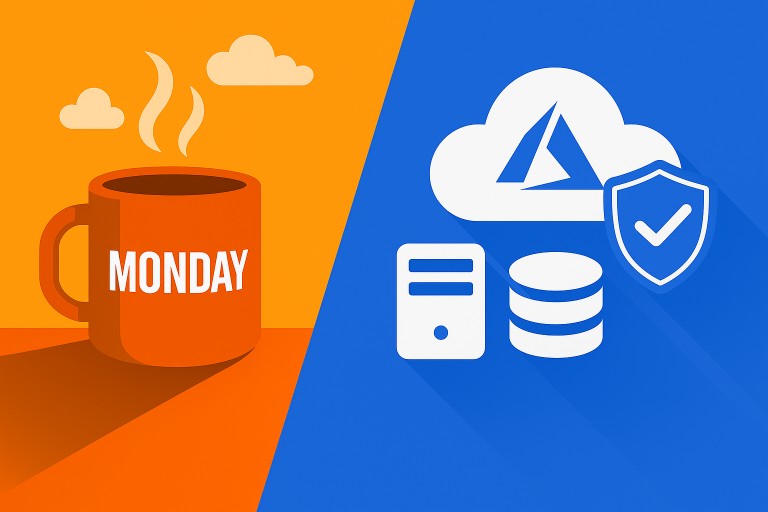 Monday Cloud Tips feature graphic showing an orange Monday coffee mug and six outline icons representing security auditing and configuration management on an Azure-blue background.