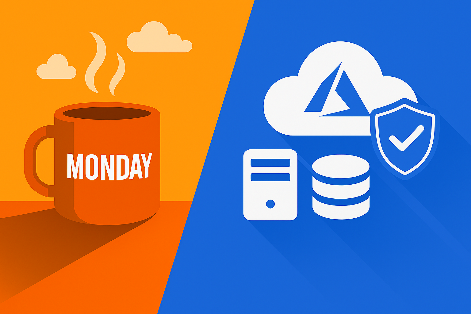 Monday Cloud Tips feature graphic showing an orange Monday coffee mug and six outline icons representing security auditing and configuration management on an Azure-blue background.