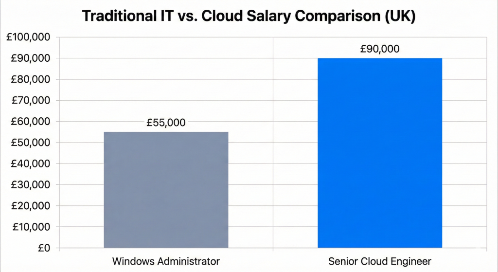 A comparative bar chart displaying the salary gap between traditional IT and Cloud roles. It shows a Mid-Level Windows Administrator earning approximately $80,000 versus a Cloud Engineer earning $130,000, illustrating the financial ROI of upskilling.