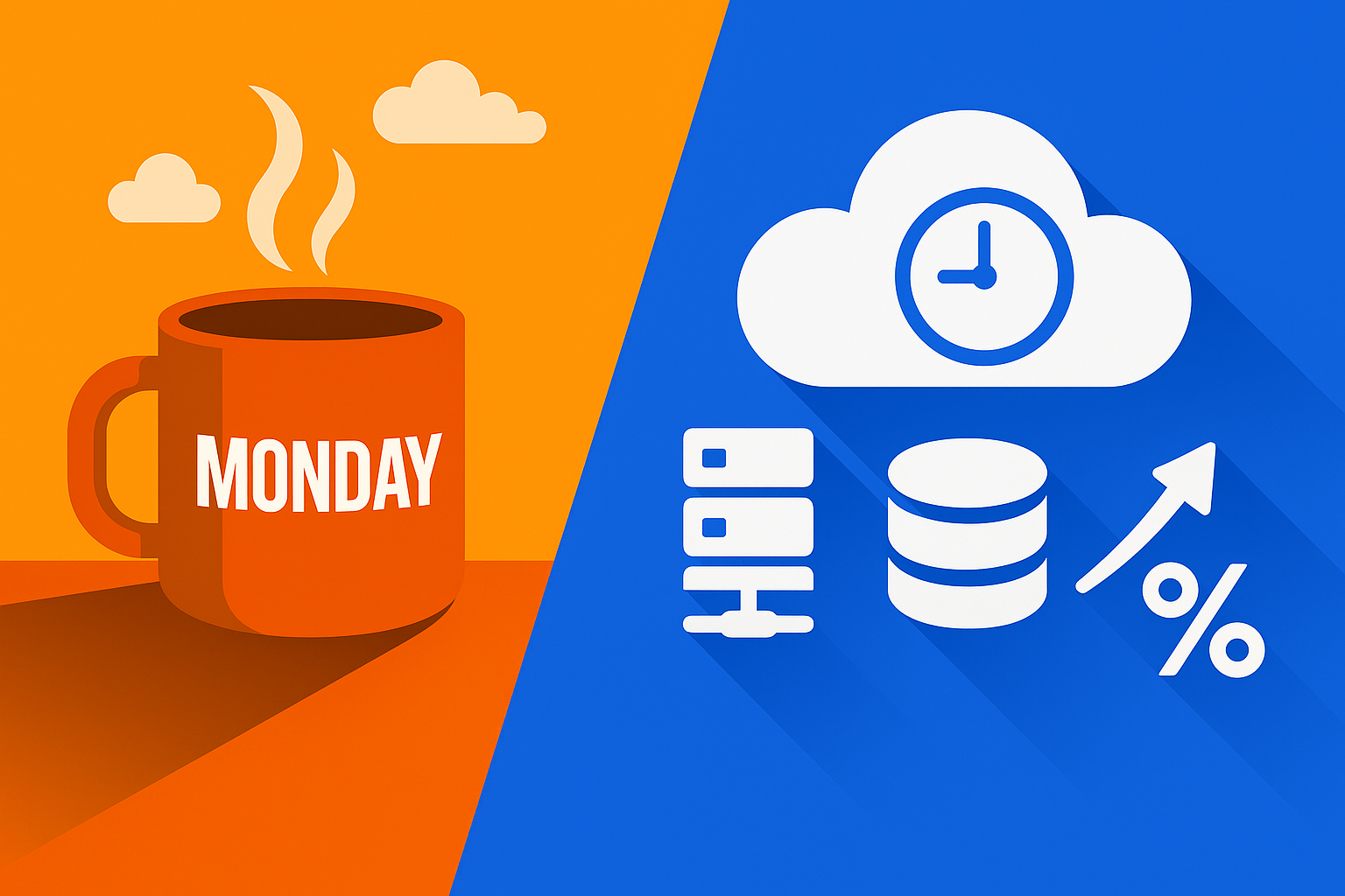 Monday Cloud Tips feature image showing an orange coffee mug labeled MONDAY on an orange background, and a blue cloud with a clock, server stack, and database icons representing automated AWS instance scheduling and cost savings.