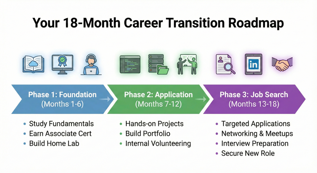 An 18-month career transition roadmap divided into three colored phases: Phase 1 Foundation (Months 1-6) focusing on study, Phase 2 Application (Months 7-12) focusing on hands-on labs, and Phase 3 Job Search (Months 13-18) focusing on interviews.