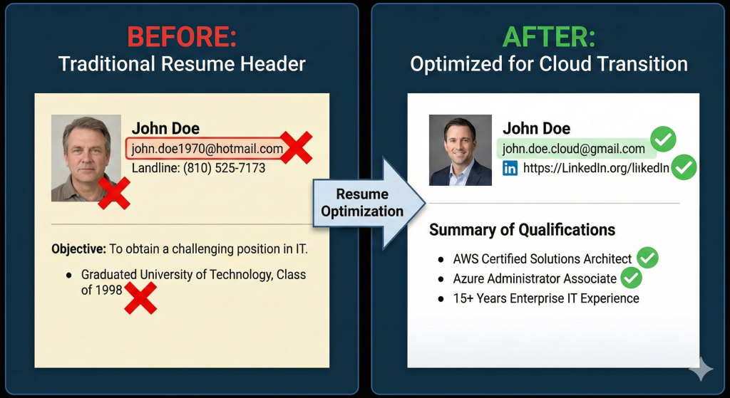 A 'Before and After' resume comparison. The 'Before' side shows graduation dates (1998) and an outdated email address. The 'After' side removes dates, uses a modern Gmail address, and highlights Cloud Certifications to prevent age bias in hiring.