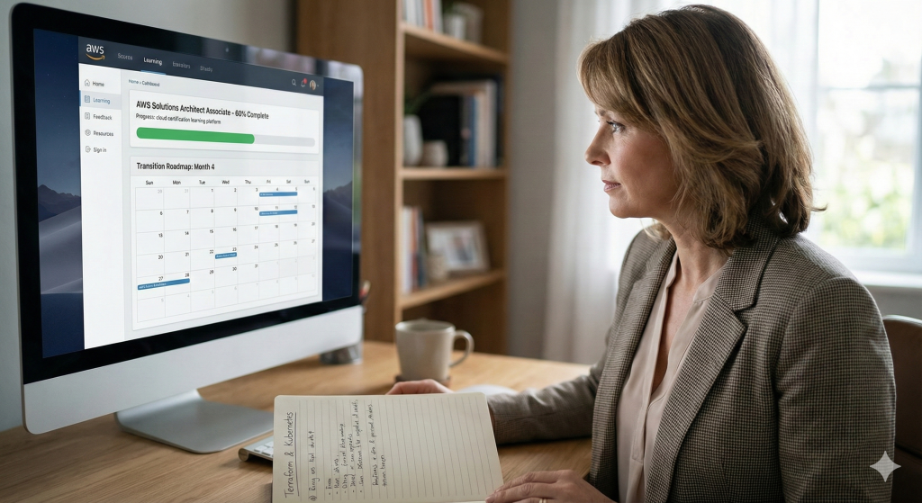 The professional woman from the feature image is studying intently at her home office desk. Her monitor displays an AWS learning platform showing "AWS Solutions Architect Associate - 60% Complete" alongside a calendar marked "Transition Roadmap: Month 4". She holds an open notebook containing handwritten notes on Terraform and Kubernetes, illustrating the dedicated study phase of a mid-career cloud transition.