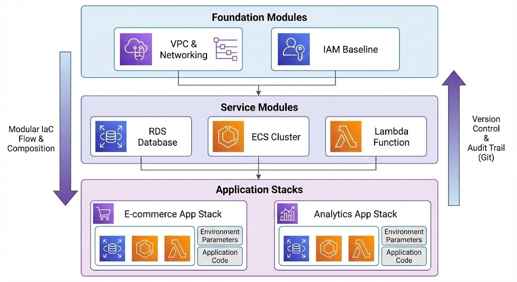 Diagram of a modular Infrastructure as Code architecture, showing a hierarchy of Foundation modules (Network/IAM), Service modules (Databases/Compute), and Application Stacks used for standardized deployment.