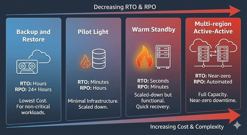 Comparison chart of AWS Disaster Recovery strategies displaying Backup and Restore, Pilot Light, Warm Standby, and Multi-Site Active/Active, plotting increasing implementation cost and complexity against decreasing Recovery Time Objectives (RTO).