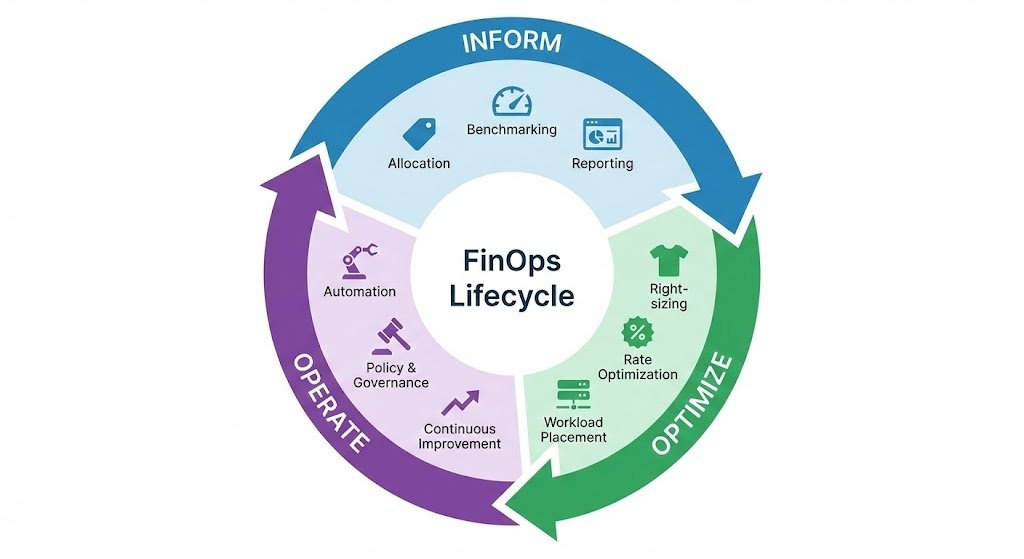 The FinOps lifecycle loop diagram illustrating the continuous, iterative phases of Inform, Optimize, and Operate for managing enterprise cloud costs.