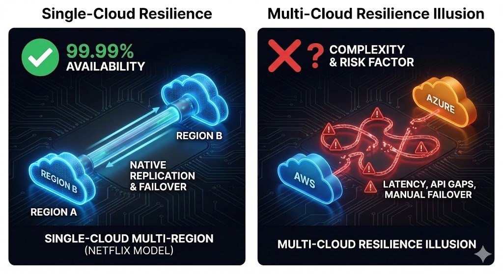 Network topology diagram illustrating High Availability resilience. It shows a robust 'Single-Cloud Multi-Region' setup with native data replication between Region A and Region B. This is contrasted against a 'Cross-Cloud' setup showing broken lines labeled 'API Latency' and 'Incompatibility,' demonstrating why single-cloud architectures are often more resilient.