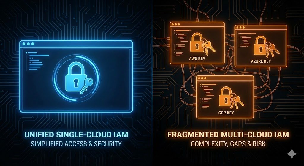 Side-by-side diagram comparing Single-Cloud vs. Multi-Cloud architecture stacks. The Single-Cloud stack is vertical and clean with unified Identity and Networking. The Multi-Cloud stack shows three fragmented columns (AWS, Azure, GCP) connected by tangled wires labeled 'Abstraction Layer,' illustrating the exponential increase in operational overhead.