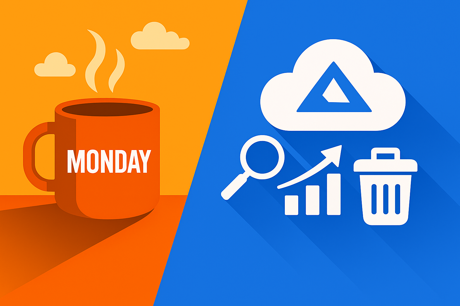 āA split feature image. The left side shows an orange coffee mug with the word 'Monday'. The right side shows white Google Cloud icons on a blue background, including a GCP cloud symbol, analytics chart, upward savings arrow, and a cleanup trash bin, representing automated cloud optimization from Active Assist.