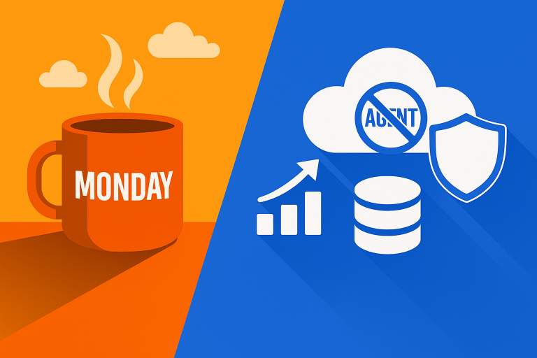 Feature image showing an orange Monday coffee mug on the left and cloud-native backup icons on the right, including a cloud with a “no agents” symbol, storage snapshot icon, and performance graph, representing agentless cloud backup using snapshot APIs.