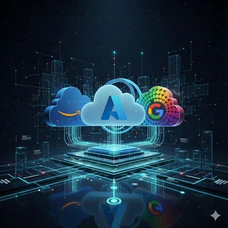 Strategic architecture diagram showing AWS, Azure, and Google Cloud Platform (GCP) clouds interconnected, symbolizing multi-cloud integration."