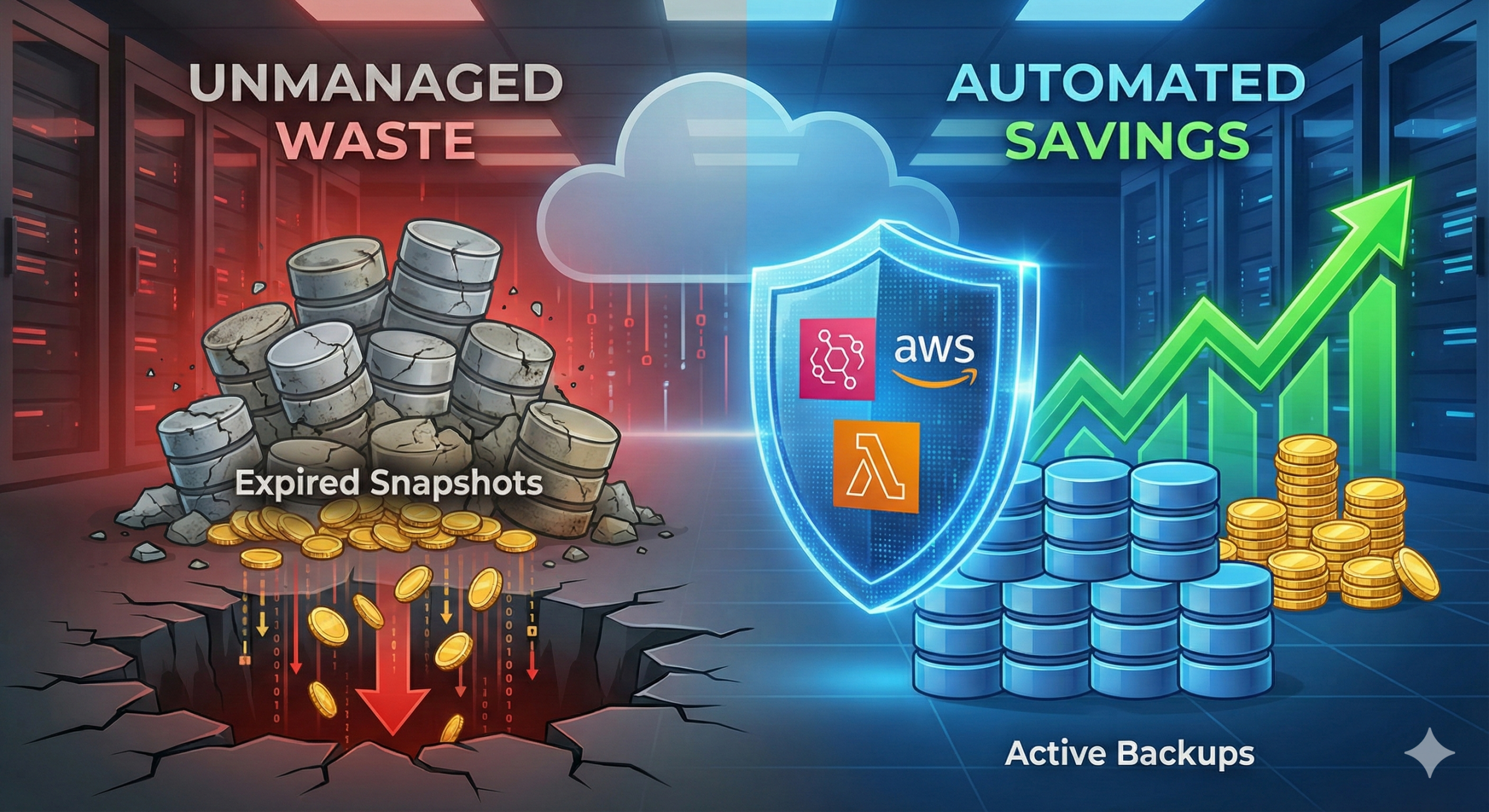 Split illustration showing unmanaged RDS snapshots turning into wasted money on the left, contrasted with an automated AWS Lambda shield protecting savings on the right.