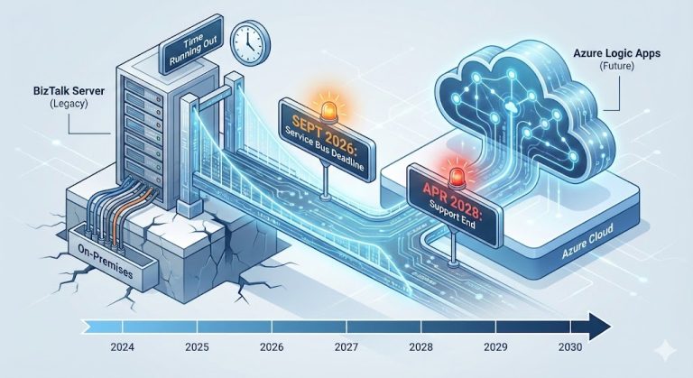 Split-screen illustration showing a legacy BizTalk Server rack connected via a digital bridge to a futuristic Azure Logic Apps cloud environment, highlighting the 2026 and 2028 migration deadlines.