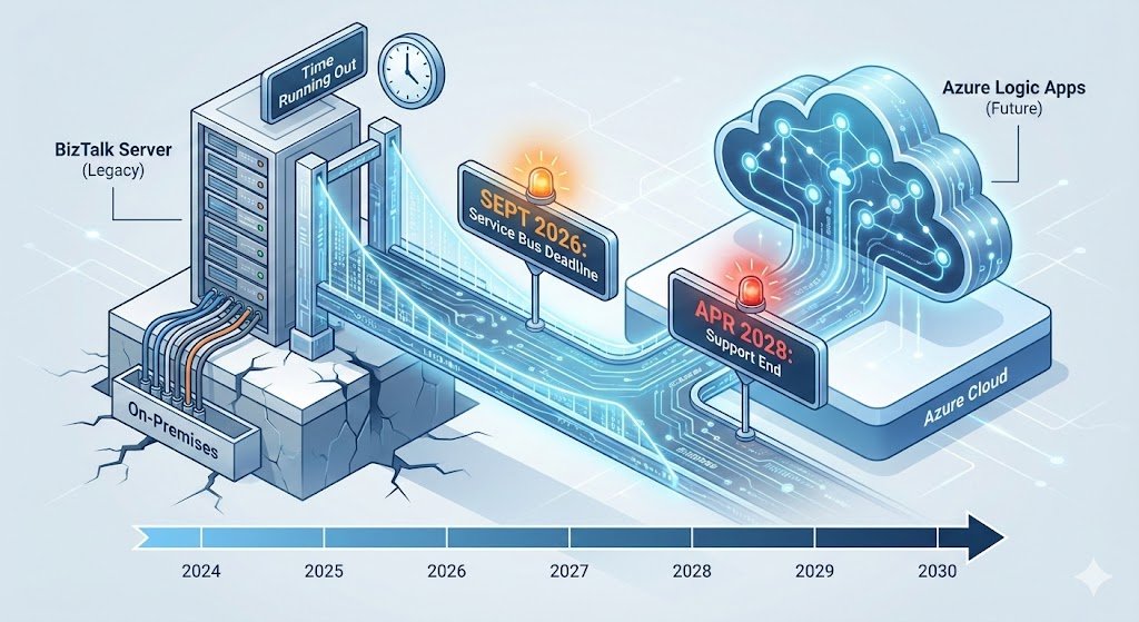 Split-screen illustration showing a legacy BizTalk Server rack connected via a digital bridge to a futuristic Azure Logic Apps cloud environment, highlighting the 2026 and 2028 migration deadlines.
