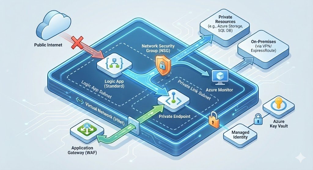 Technical architecture diagram of Azure Logic Apps Standard showing VNet integration for secure outbound traffic and Private Endpoints for isolating inbound traffic.