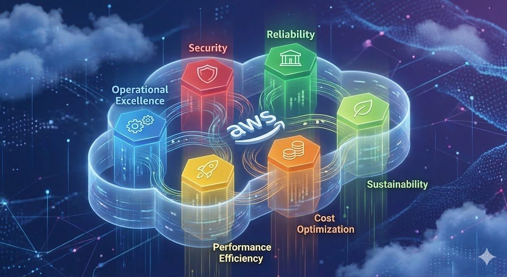 "A futuristic 3D illustration titled 'AWS Well-Architected Framework'. It features a glowing honeycomb structure of six interconnected hexagons, each labeled with a pillar: Operational Excellence, Reliability, Security, Performance, Cost Optimization, and Sustainability, set against a dark data centre background.
