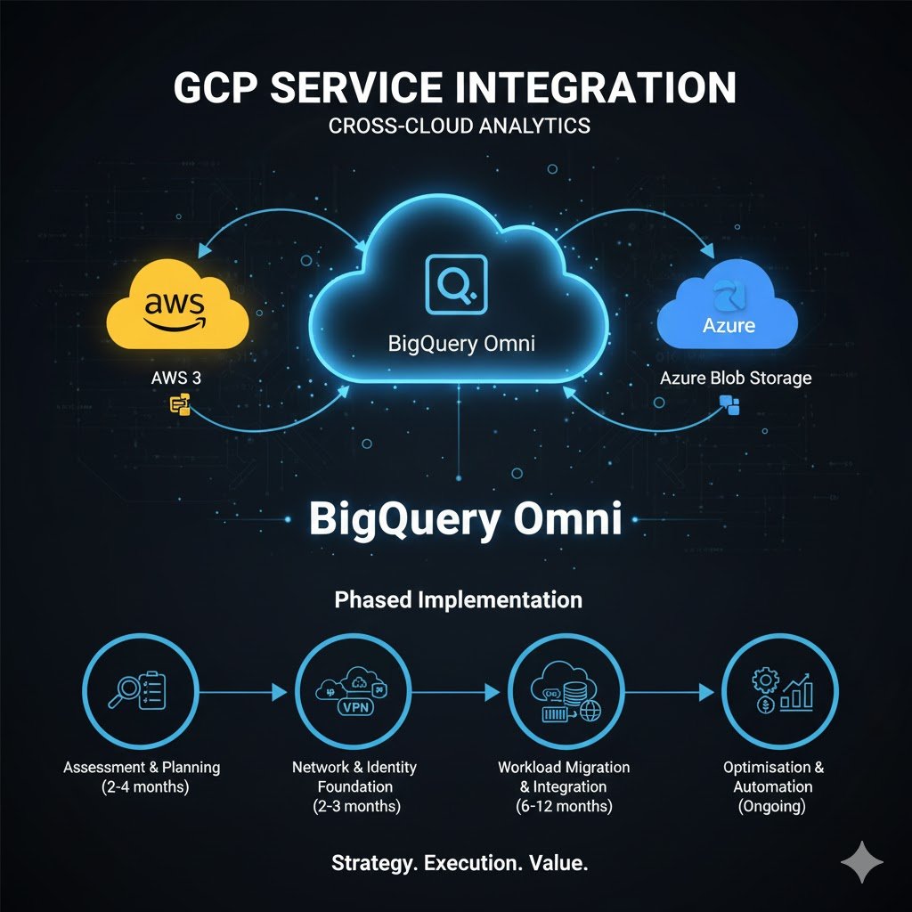 Diagram showing BigQuery Omni cloud service between AWS S3 and Azure Blob Storage, representing cross-cloud analytics integration.