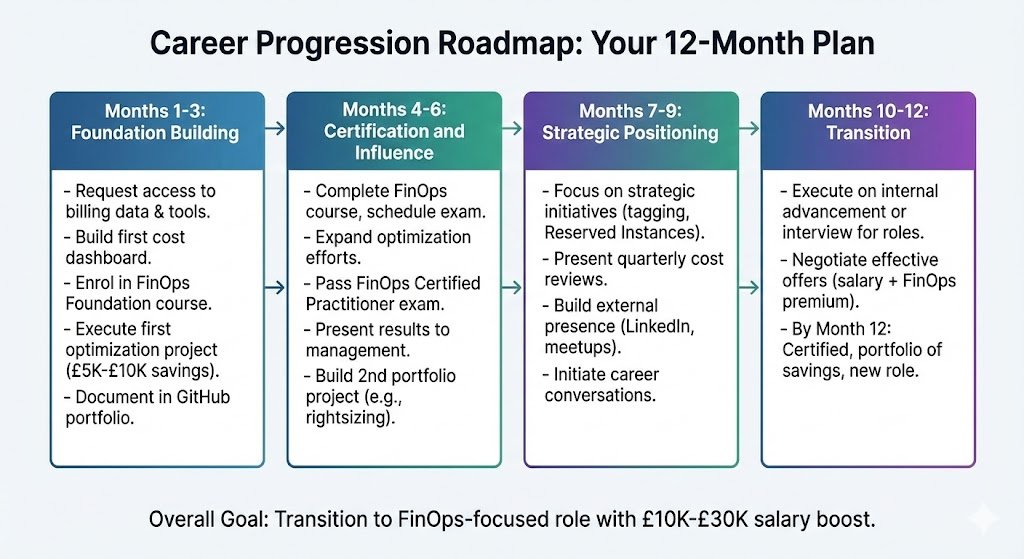 A flowchart showing a 12-month career roadmap broken into four stages: "Months 1-3: Foundation Building", "Months 4-6: Certification and Influence", "Months 7-9: Strategic Positioning", and "Months 10-12: Transition", with specific tasks listed for each stage to achieve a FinOps role with a salary boost.