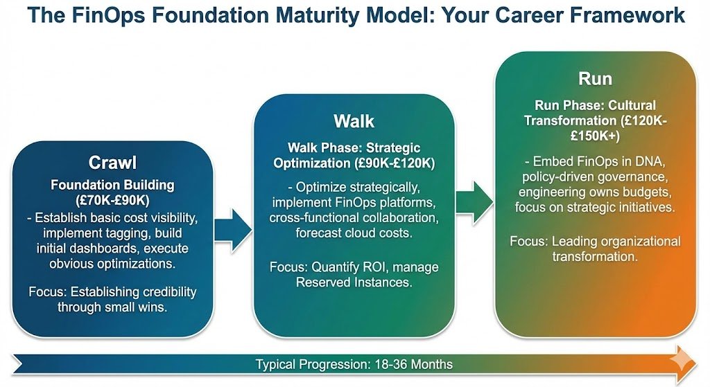 A diagram illustrating the FinOps Foundation Maturity Model, showing a progression from "Crawl: Foundation Building (£70K-£90K)" to "Walk: Strategic Optimization (£90K-£120K)" and finally "Run: Cultural Transformation (£120K-£150K+)". A timeline at the bottom indicates a "Typical Progression: 18-36 Months"