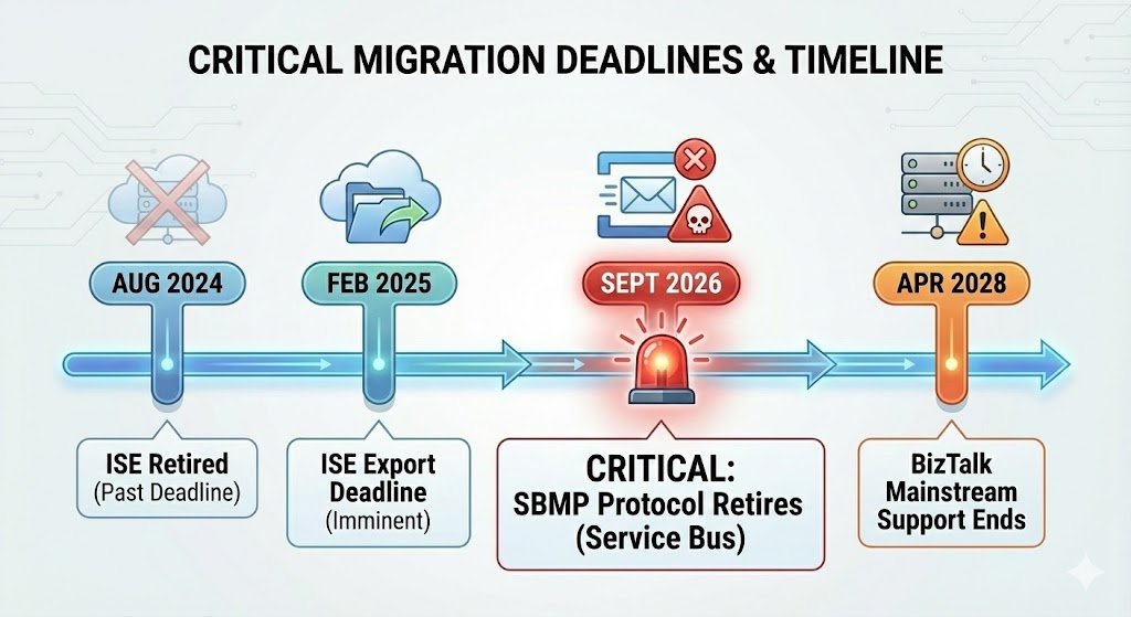Timeline of critical Microsoft integration deadlines: Azure Service Bus SBMP protocol retirement in September 2026, BizTalk Server Mainstream Support ending in April 2028, and Extended Support ending in April 2030