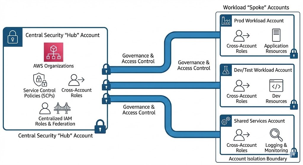 AWS Multi-Account Security diagram showing a centralized 'Hub' account for identity management and security governance connecting to isolated 'Spoke' accounts for workloads, enforced by Service Control Policies.