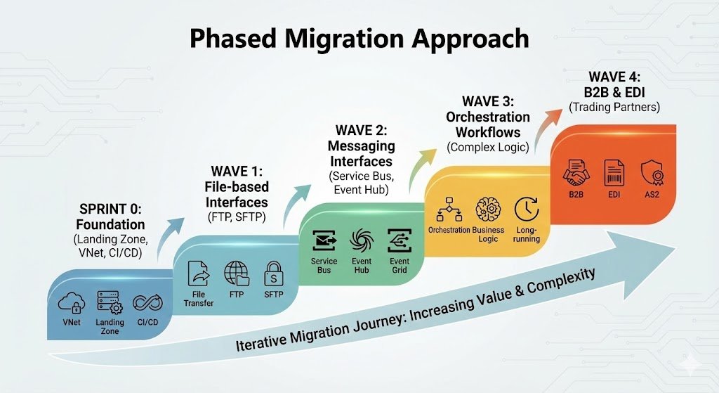 Diagram of the phased migration roadmap: Sprint 0 for Foundation, Wave 1 for Files, Wave 2 for Messaging, Wave 3 for Orchestrations, and Wave 4 for B2B/EDI complexities.