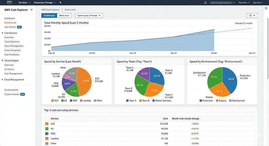 A screenshot of an AWS Cost Explorer dashboard displaying a line graph of "Total Monthly Spend" over three months, along with pie charts for "Spend by Service", "Spend by Team", and "Spend by Environment". A table at the bottom lists the "Top 5 cost-accruing services"