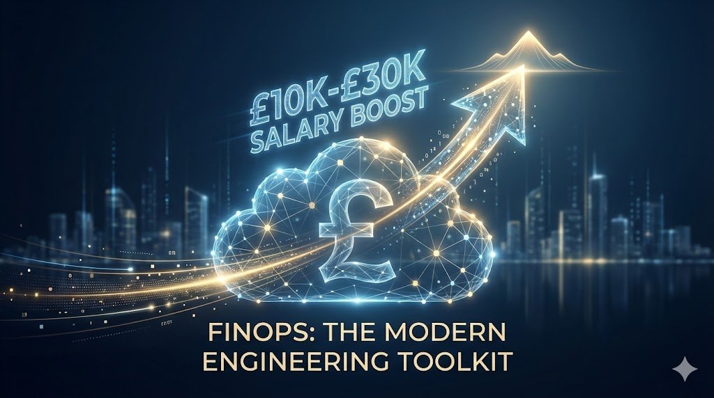 A modern digital illustration showing a cloud icon with a pound sterling sign, connected to an upward-trending arrow and a graph. Text overlays read "£10K-£30K SALARY BOOST" and "FINOPS: THE MODERN ENGINEERING TOOLKIT". The background is a glowing blue and gold city skyline with digital data streams, symbolizing career growth and financial success through FinOps.