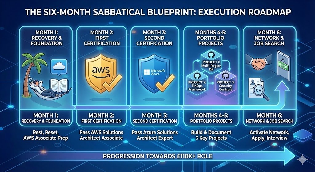 Six-month sabbatical Gantt chart timeline. Month 1 is labelled 'Recovery', Months 2-3 are labelled 'Certification Sprints (AWS & Azure)', Months 4-5 are labelled 'Portfolio Build', and Month 6 is labelled 'Network & Re-entry'. Icons indicate recovery, coding, and interviewing phases.