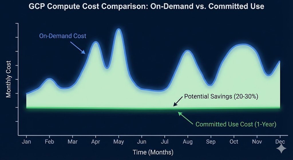 Line graph comparing the high variable cost of On-Demand cloud instances versus the lower, flat cost of Committed Use Discounts over a 12-month period.