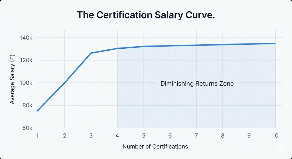 A line graph titled 'The Certification Salary Curve,' showing salary in pounds increasing sharply from 1 to 3 certifications, then flattening significantly between 4 and 10 certifications in a shaded 'Diminishing Returns Zone'.