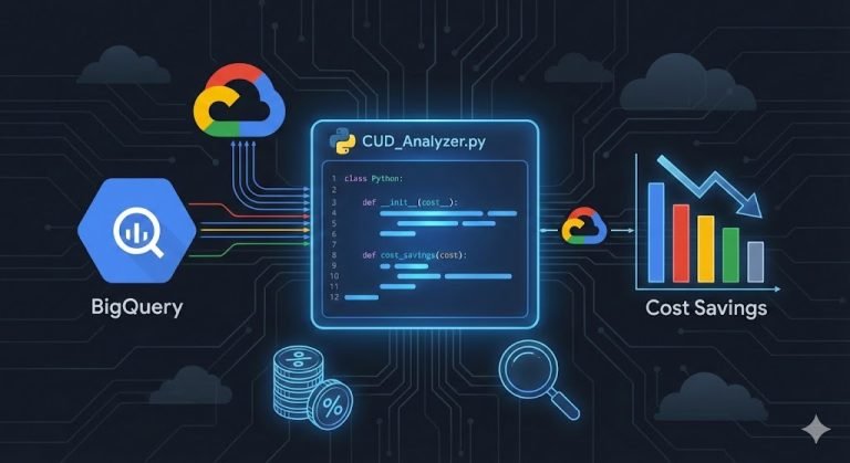 Abstract technical illustration showing Python code optimizing Google Cloud costs, transitioning from raw data processing to a bar chart of financial savings.