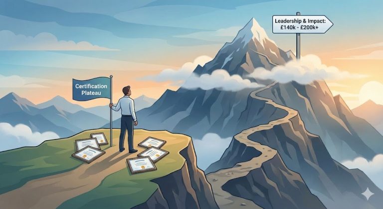 An illustration of a person standing on a mountain plateau with a flag labeled 'Certification Plateau,' surrounded by certificates. They are looking up a long, winding path towards a much higher peak with a sign reading 'Leadership & Impact: £140k - £200k+'.