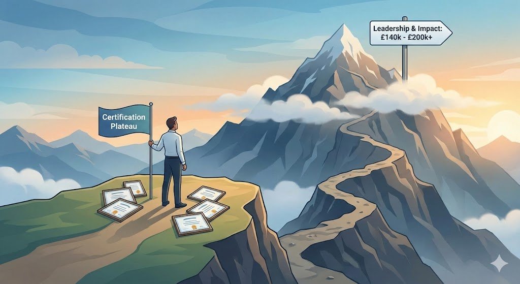 An illustration of a person standing on a mountain plateau with a flag labeled 'Certification Plateau,' surrounded by certificates. They are looking up a long, winding path towards a much higher peak with a sign reading 'Leadership & Impact: £140k - £200k+'.