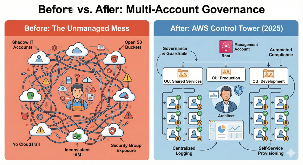Comparison diagram showing a chaotic mesh of unmanaged AWS shadow IT accounts versus a structured, hierarchical AWS Control Tower environment.
