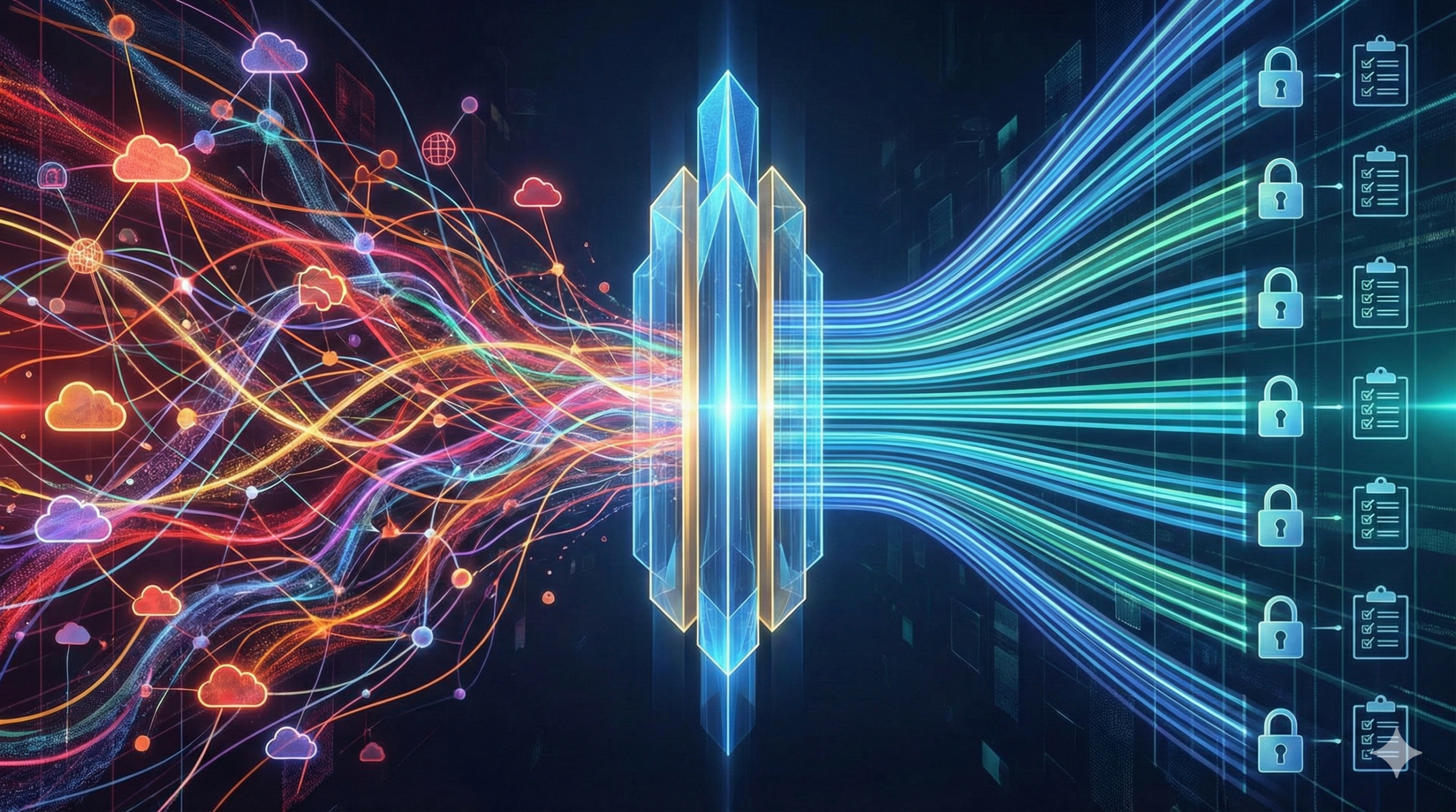 A glowing digital isometric blueprint of a secure fortress representing AWS Control Tower foundation architecture and enterprise governance.