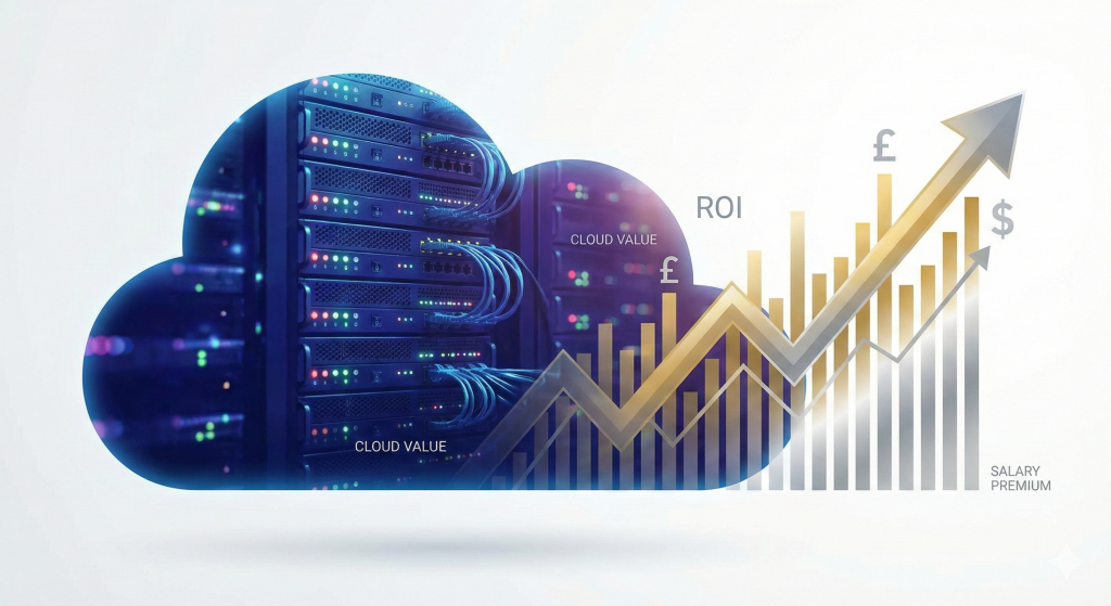 A creative graphic of a cloud silhouette blending into a rising financial bar chart with pound sterling (£) signs, visually representing the high return on investment and salary premiums available to AI-skilled cloud engineers.