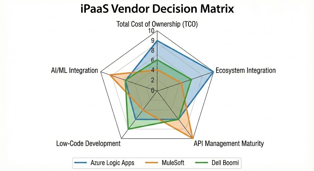 Radar chart comparing Azure Logic Apps, MuleSoft, and Dell Boomi capabilities, showing Logic Apps' leadership in Cost and Ecosystem integration versus MuleSoft's strength in API Management.