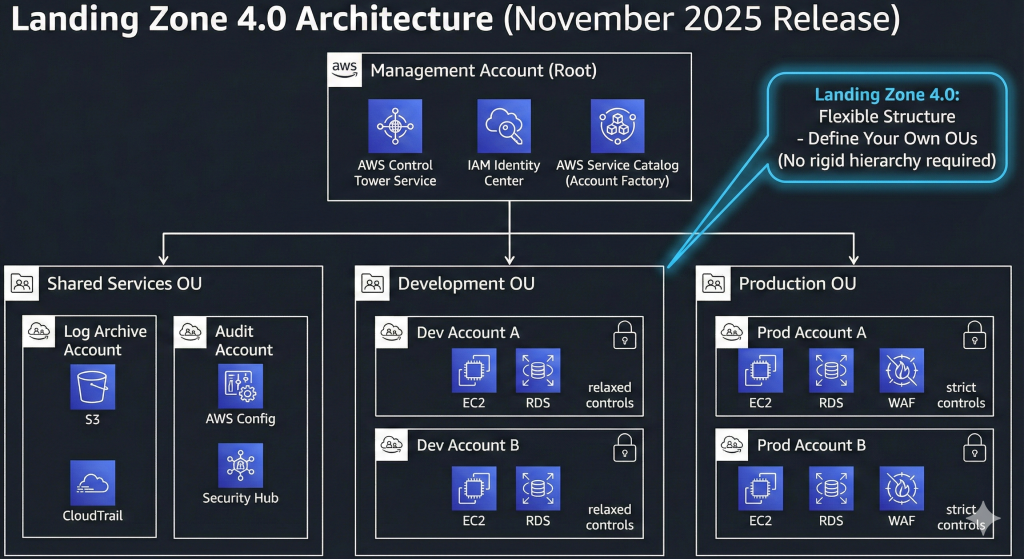 AWS Control Tower Landing Zone 4.0 architecture diagram displaying the Management Account, Log Archive, Audit Account, and flexible Organizational Unit structure.
