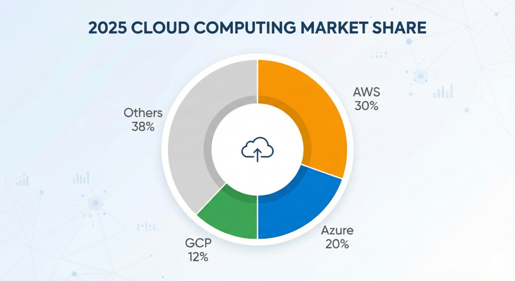 2025 Cloud Infrastructure Market Share chart. AWS leads with 30%, followed by Microsoft Azure at 20% and Google Cloud (GCP) at 12%, illustrating where the majority of job opportunities exist.