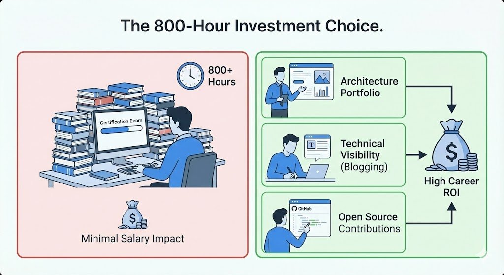 An illustration comparing an '800-Hour Investment Choice,' with one panel showing a person studying for certifications leading to a small salary bag, and the other panel showing a portfolio, blogging, and open-source contributions leading to a large salary bag.