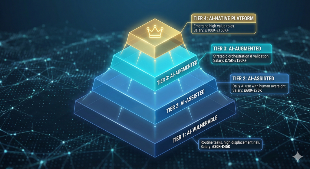 A four-tier pyramid diagram illustrating the AI Augmentation Framework for cloud careers. The levels range from "Tier 1: AI-Vulnerable" at the bottom to "Tier 4: AI-Native Platform" at the top, showing the progression in value and salary from £30k to £150k+.