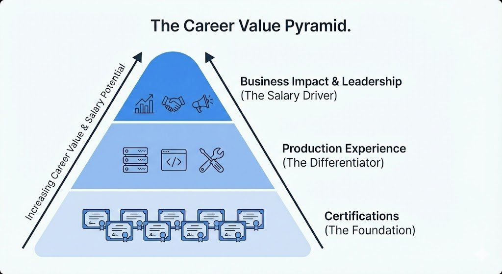 A pyramid diagram titled 'The Career Value Pyramid,' with 'Certifications' at the bottom, 'Production Experience' in the middle, and 'Business Impact & Leadership' at the top, with an arrow on the left indicating 'Increasing Career Value & Salary Potential'.