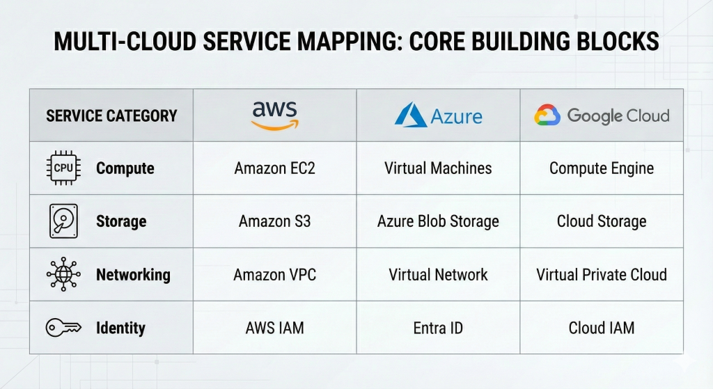 Cloud service comparison matrix mapping core services across AWS, Azure, and Google Cloud. Columns show Compute (EC2, VM, Compute Engine), Storage (S3, Blob, Cloud Storage), and Identity (IAM, Entra ID, Cloud IAM).