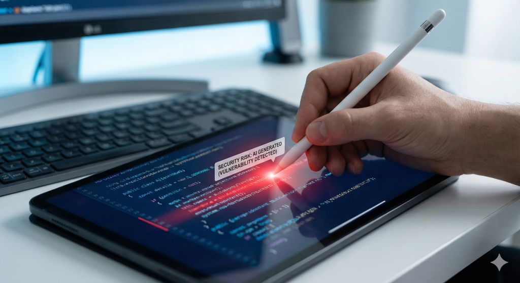 Close-up of a human hand using a digital stylus to identify a "Security Risk" in lines of code on a tablet screen, illustrating the critical role of human judgment in validating AI-generated infrastructure code.